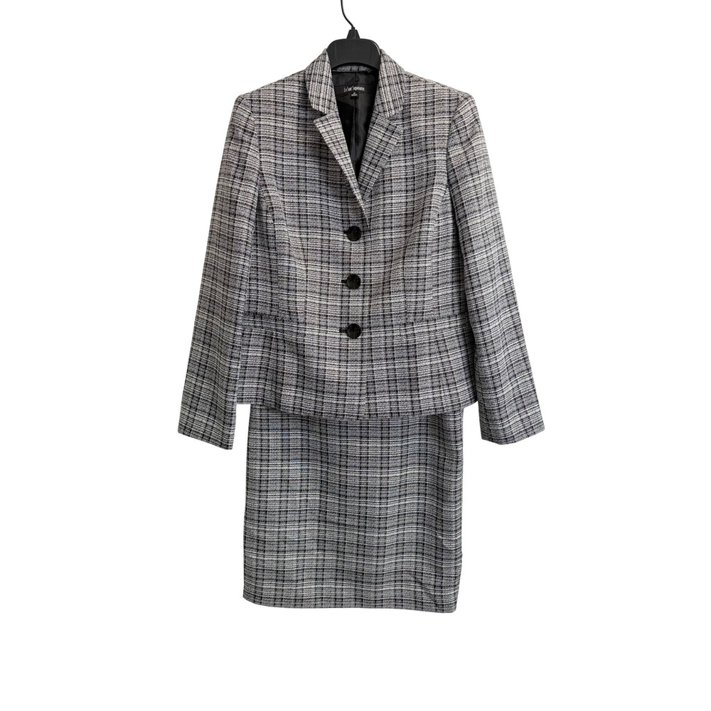 Le Suit Separates Womens 12 Black White Plaid 3 Button Blazer Skirt Suit Set